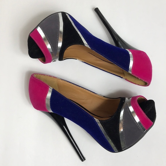 Shi by Journeys Pink & Blue Colorblock Peep-Toe Heels – Size 6.5 - Picture 7 of 7